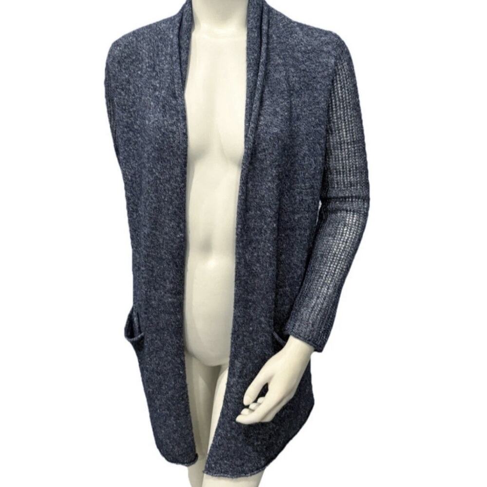 Athleta Cashmere Linen Cardigan Womens XS Blue Open Weave Relaxed